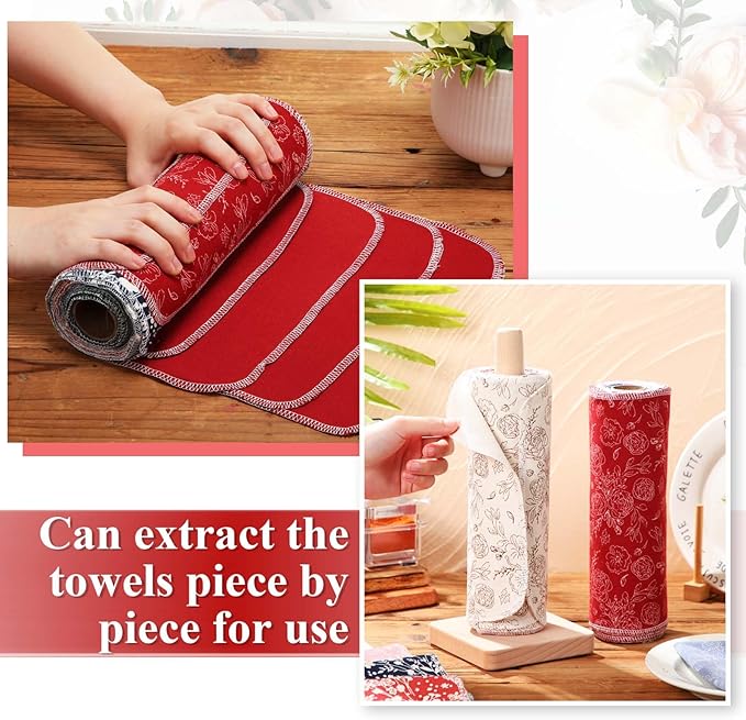Redbaker 50 Pcs Reusable Paper Towels Paperless Reusable Cotton Cloths Toilet Absorbent Washable Paper Towels with Roll Kitchen Dishcloth for Kitchen Paperless Dishcloths(Retro)