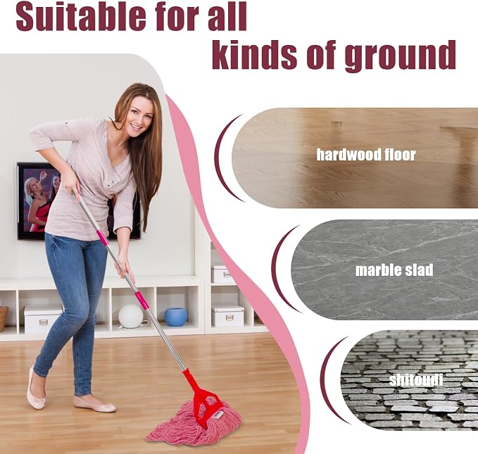 Commercial Cotton Mop Heavy-Duty Industrial with 2 Replacement Heads 152 cm Handle Replacement mop Head (Pink)
