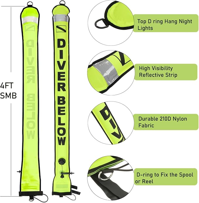 4ft Surface Marker Buoy, Hi-Vi Inflatable Scuba Signal Tube with Reflective Strip, Scuba Diving Open Bottom Float (SMB) for Underwater Diving Snorkeling