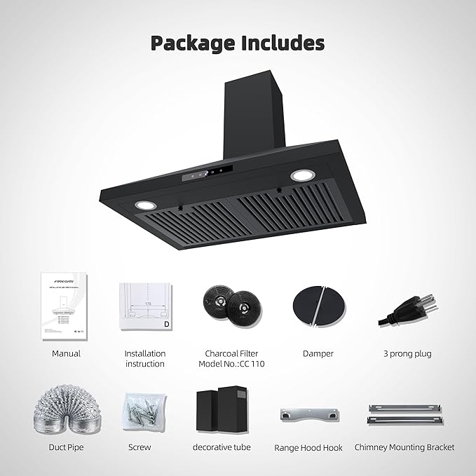 FIREGAS Black Range Hood 30 inch, Convertible Wall Mount Range Hood with Brushless Motor, 450 CFM, 9 Speed Fan, Soft Touch Controls, Permanent Filters, LED Lights, Charcoal Filter included