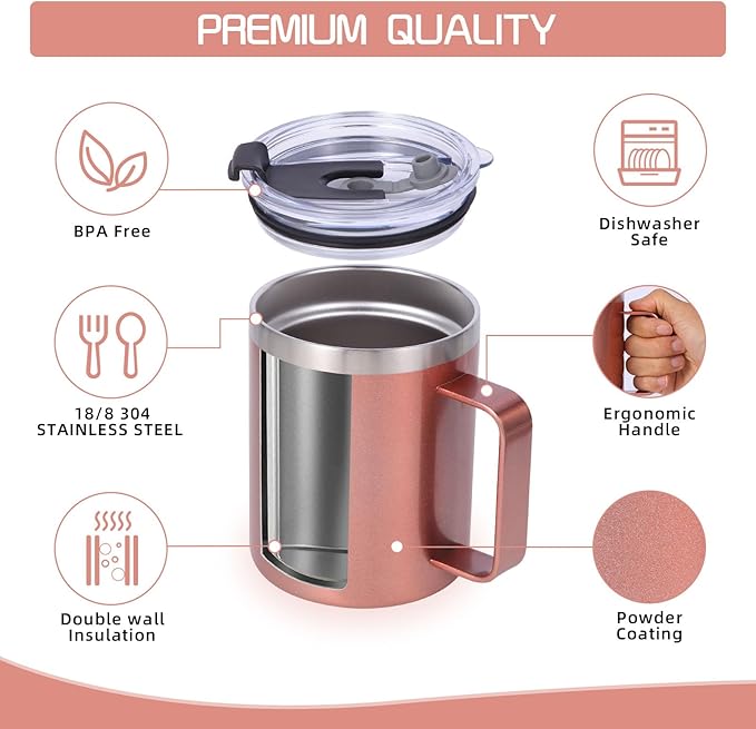 Volhoply 12oz Insulated Leakproof Coffee Mug with Flip & Straw Lid Bulk 4 Pack,Double Wall Vacuum Stainless Steel Travel Tumbler Cup with Handle,Camping Mugs Keep Cold/Hot(Rose Gold,4 Set)