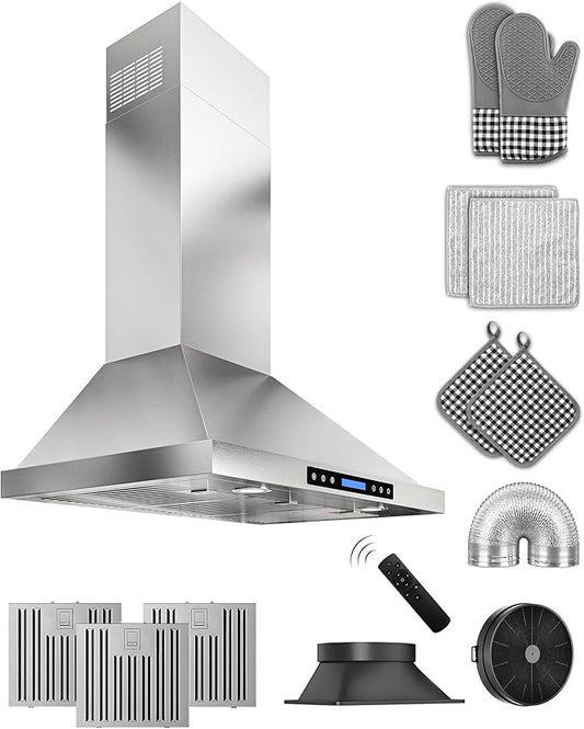 36 inch Stainless Steel Wall Mount Range Hood - 900 CFM, Ultra-Quiet 4-Speed Vent, Touch/Remote Control LCD, LED Lights, Ducted/Ductless Convertible