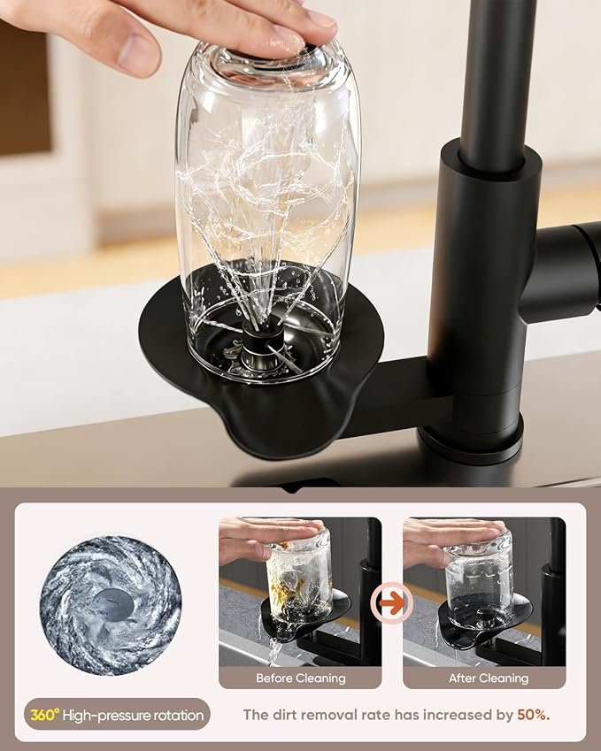 Kitchen Faucet with Cup Washer Pull Down Sprayer Stainless Steel Kitchen Sink Faucet with Deck Plate Glass Rinser Single Hole Black 3307R
