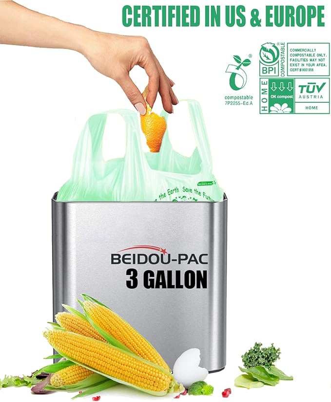 BEIDOU-PAC 100% Compostable Trash Bags, 3 Gallon Compost Bags Small Kitchen Trash Bags with Handle, 200 Count Sturdy Biodegradable Garbage Bags Food Scrap Waste Bags, ASTM D6400, US BPI Certified