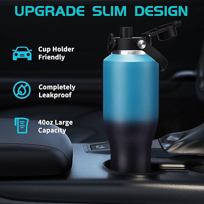 Insulated Water-Bottle 40oz with Sleeve - Vacuum Metal Insulated Flask Water Bottle Fits in The Car, Bike, Treadmill, Stroller, Golf Cart Cup Holder, Travel Coffee Mug, Cold for 48 Hrs, Hot for 24 Hrs