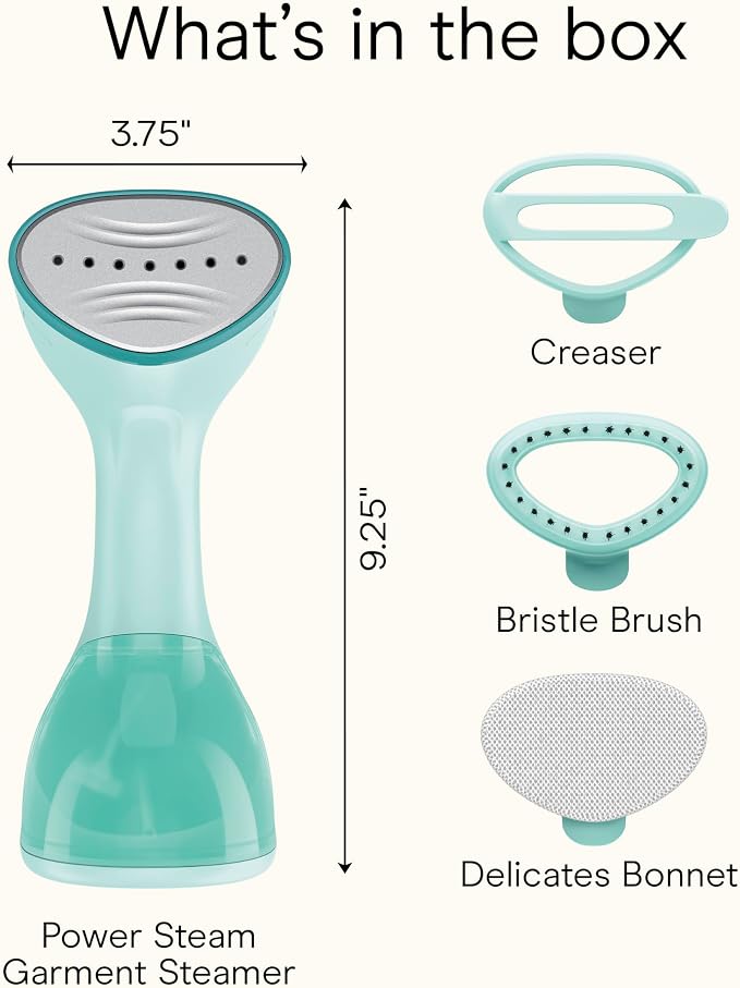Conair Power Steam Garment Steamer, Clothes Steamer Handheld with Ceramic Soleplate, Clothing Steamer, 35-Second Heat-Up, 15-Minute Steam, Fabric Attachments, Mint Green