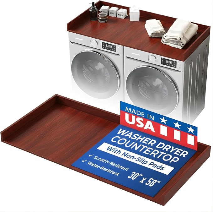 OfficeSimpli Washer Dryer Countertop, Made in USA, Non-Slip Pads, Laundry Room Wood Topper, Washer Dryer Cover for Top, Laundry Countertop, Laminate Finish (Mahogany, Extra Large (30" x 58"))