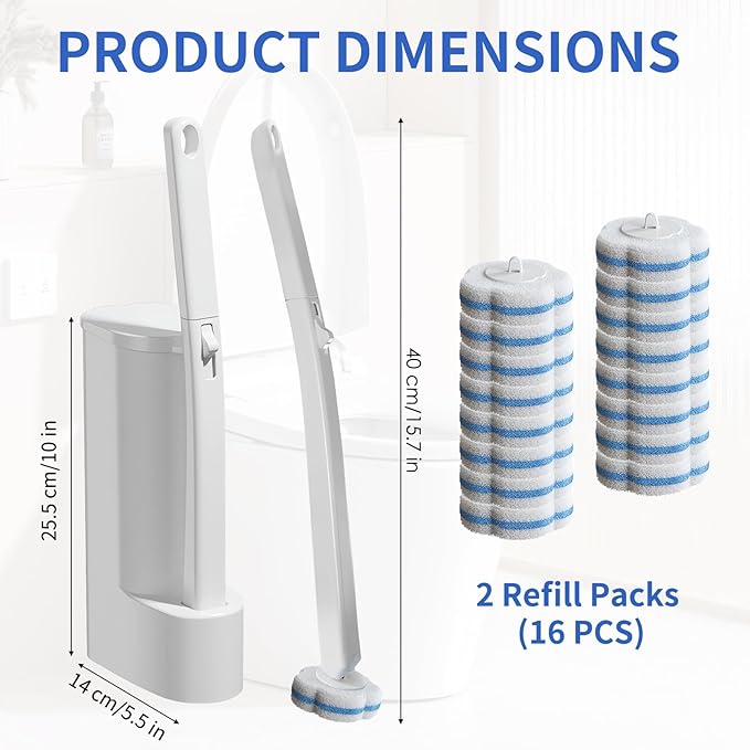 Wazzio 2 Pack Disposable Toilet Brush with Holder Set, 104 Count Toilet Wand Refills, Extended Handle Toilet Bowl Cleaner Brush for Bathroom and Bathtub Deep Cleaning
