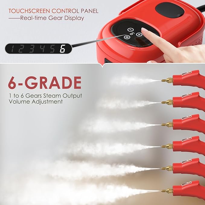 2500W Steam Cleaner, High Pressure High Temperature Steam Cleaning Machine, 1000ml, 3 Bar with 3 Brush Heads (Red)