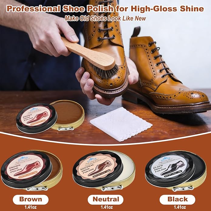 Cieex Shoe Polish Kit – 15PCS Shoe Care Kit with Black Brown Neutral Polish & Mink Oil, 3 Horsehair Brushes, Shoe Shine Kit for Leather Shoes & Boots with Travel Leather Bag – Gift for Men & Women