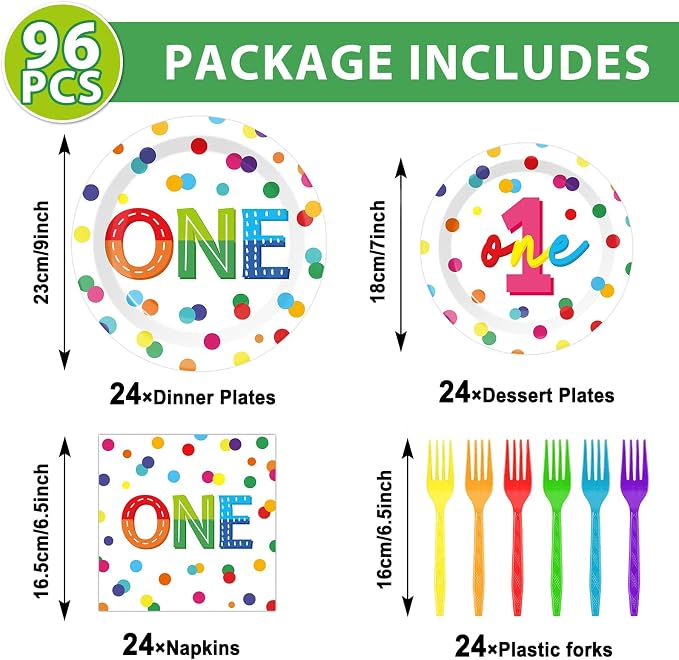 CHUNNIN 96pcs Rainbow 1st Birthday Plates and Napkins Confetti Happy Birthday Party Decorations with Polka Dot Confetti Dessert Plates Colorful 1st Tableware for 24 Guests 1 Year Old Party Supplies