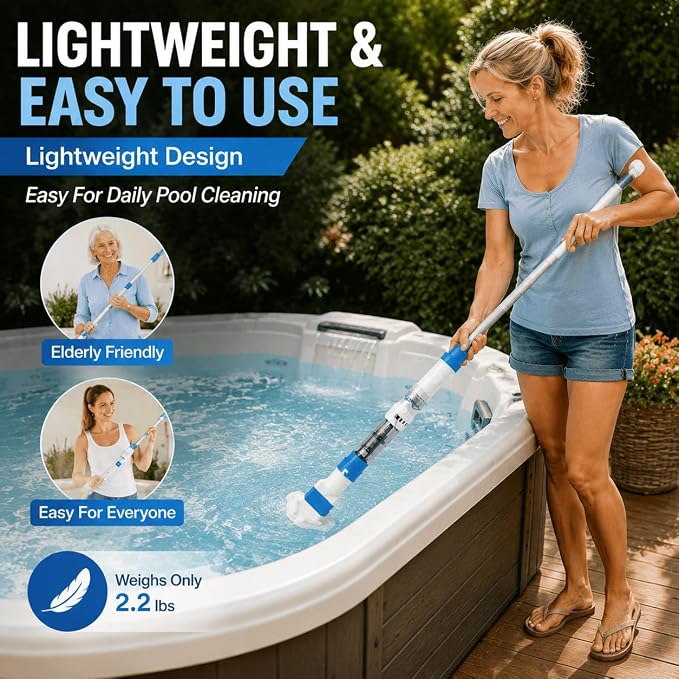 Ultra-Portable Cordless Handheld Vacuum for Hot Tub, Above Ground Pool & Kiddie Pool, USB Charging, 60-Min Runtime, Lightweight Pool Maintenance Tool