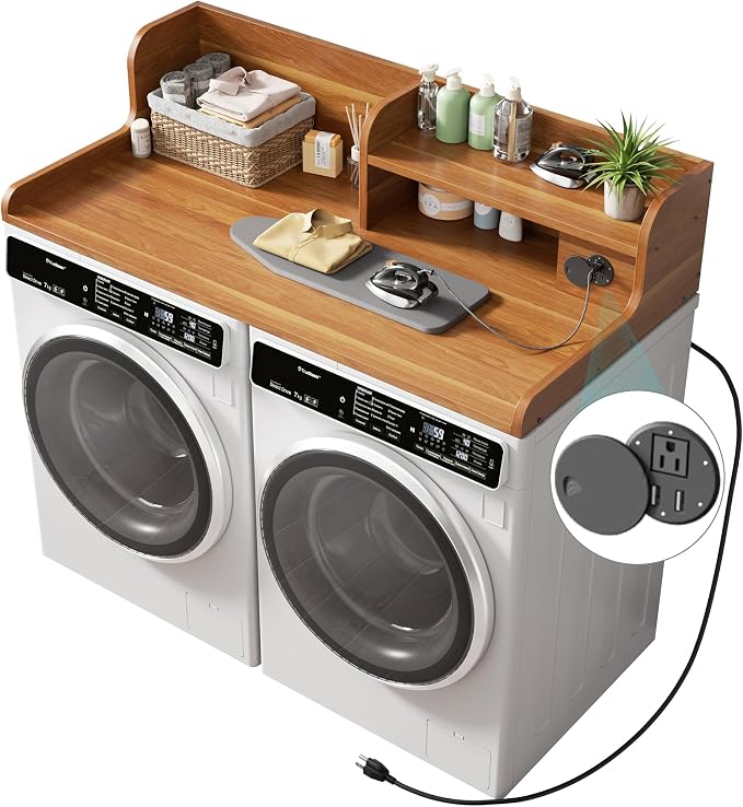 DTK Washer Dryer Countertop with Charging Station, 2 Tier Laundry Countertop with Anti-Slip Strips, 27.55" Depth x 54" Width, Wood Dryer Cover with Shelf, Maple