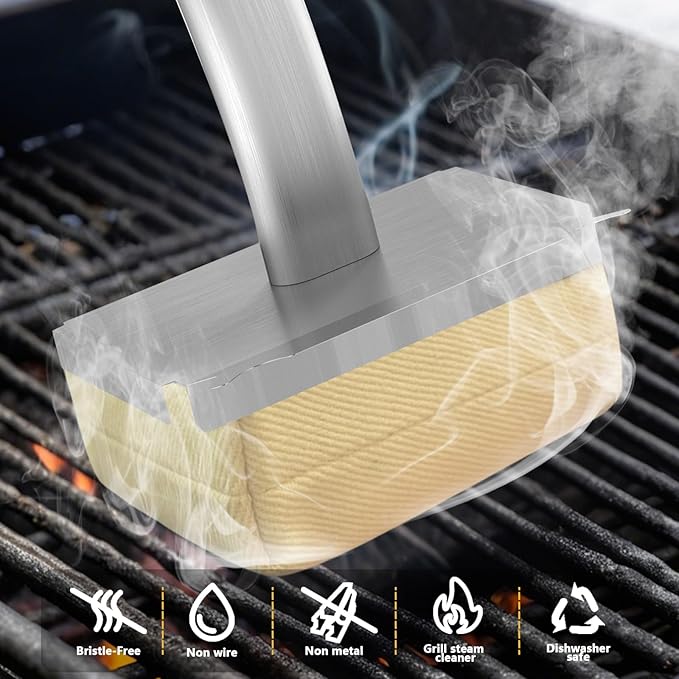 Grill Brush Bristle Free with Long Handle,Non Metal Grill Scraper for Outdoor BBQ,Stainless Steel Safe Steam Cleaner, Includes 2 Replaceable Heads for Grilling Effortless Blue