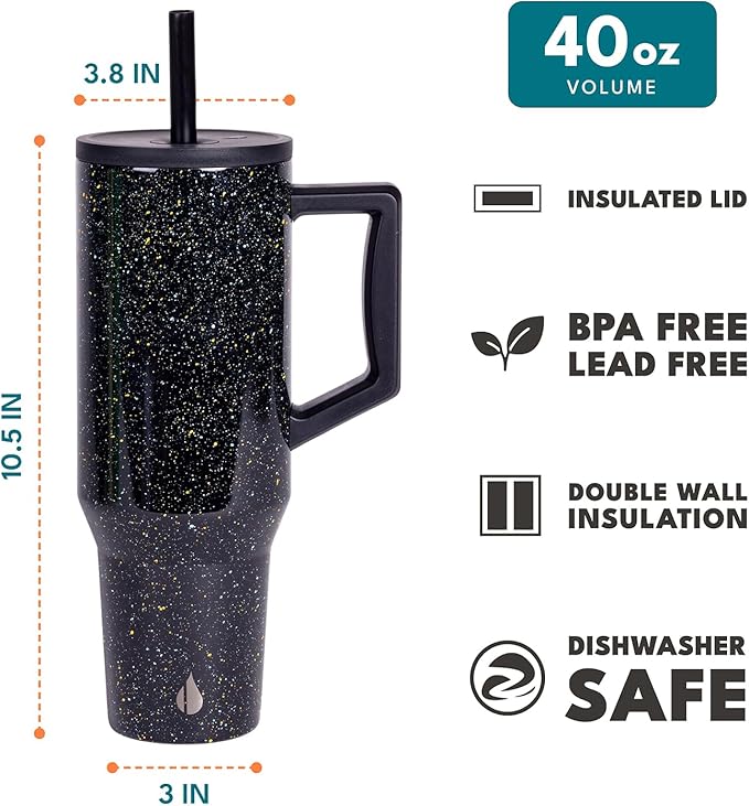 Elemental 40 oz Tumbler with Handle and Straw - Spill Proof Insulated Stainless Steel Commuter for Cold Beverages - Travel Coffee Mug with 2 Straws & Spill Proof Lid - 40oz - Black Speckle