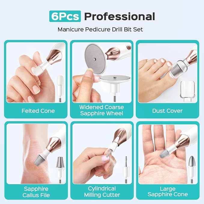 COSLUS C43 Professional Manicure Pedicure Kit, 5-in-1 Electric Nail File for Toenail Hand Feet, Basic & Thick Nails Care, Cordless, 5 Speeds, for Men Women Seniors Home Salon, Wider Grinder, White