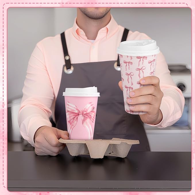 NatNarr 100 Pack Pink Bow Disposable Coffee Cups with Lids, 12 oz Cute Bowknot Paper Cup Insulated Coffee Cup for Birthday Anniversay Baby Shower Bachelorette Party Supplies, 4 Styles