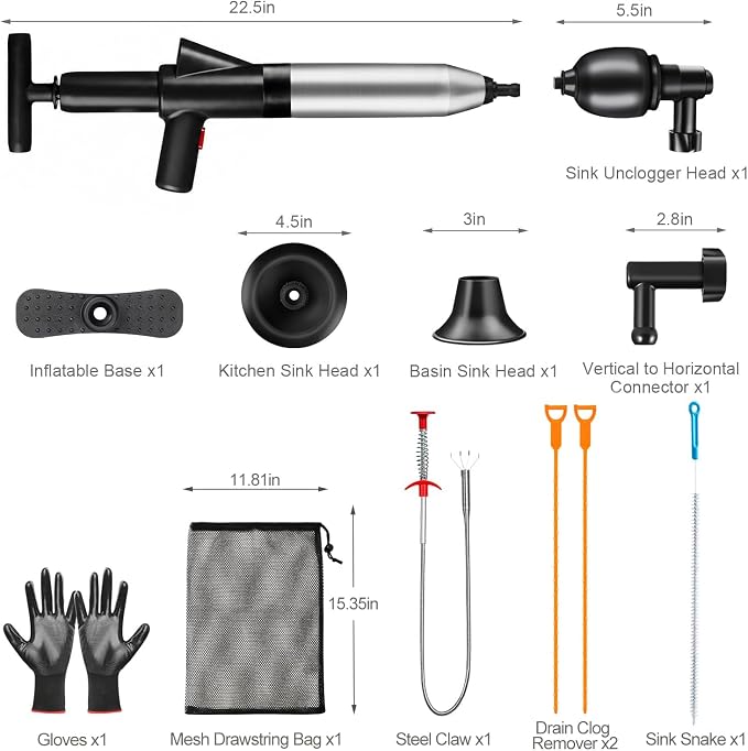 Fast Toilet Plunger High Pressure with Storage Bag, Heavy Duty Air Drain Blaster & Unclogger Tool, Clog Remover Kit & Toilet Snake Alternative for Bathroom, Toilets, Sinks, Tubs, Pipes (Black)