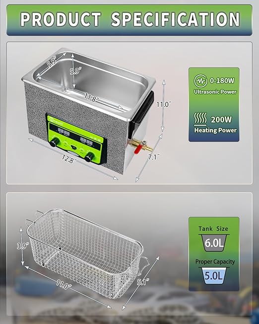 ONEZILI 6L Ultrasonic Cleaner, 180W 40kHz Ultrasonic Parts Cleaner, Adjustable Power, Sweep & Degas for 360°Cavitation Cleaning- Industrial Ultrasonic Cleaning Machine for Hardware & Mechanical Parts