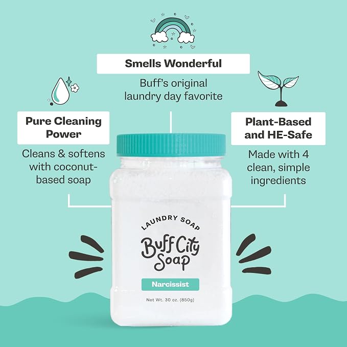 Buff City Soap - Plant Based Powder Laundry Soap - Made With 4 Simple Ingredients & No Harsh Chemicals - Sandalwood, Patchouli, Raspberry, & Peach Scented Laundry Detergent Powder - Narcissist