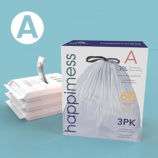 happimess 8 Gallon (30L) Drawstring Trash Bags, Unscented, Clear, Heavy Duty LDPE Liners for Kitchen and Household, Custom Fit, 80 Count (4 Packs of 20 Liners) HPM3000A-C-4SET