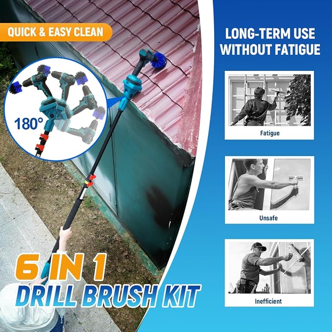 Cordless Power Drill Cleaning Tools Electric Spin Scrubber Extra Large Brush 1500 RPM High Power Electric Scrubber for Cleaning Adjustable Extension Handle, for Tub/Tile/Floor/Car (7Brushes)