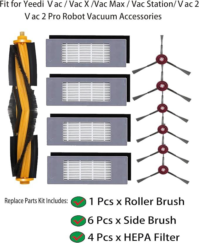 Replacement Parts for Yeedi Vac/Vac Max/Vac Station/Vac 2 Pro Robot Vacuum | Includes 1 Main Brush, 6 Side Brush, 4 HEPA Filter Accessories