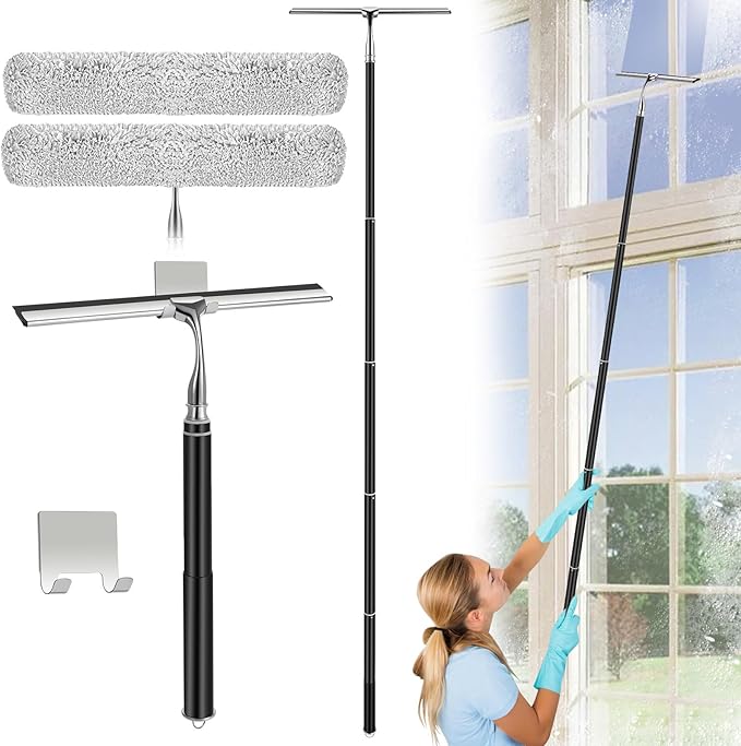 Max 62'' Metal Squeegee with Extension Pole for Window, Glass Door, Mirror,12'' Wide Telescopic Shower Squeegee Cleaner With Long Handle for Cleaning Tile Wall, Floor, Car, Bathroom,Screen, Windshield