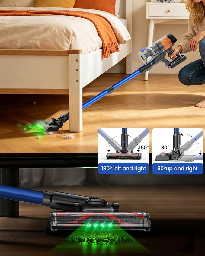 Cordless Vacuum Cleaner, 500W 40KPa 60Mins Vacuum Cleaners for Home, Wireless Vacumm Anti-Tangle Rechargeable Vacuum with Green Light for Pet Hair/Carpet/Hardwood Floor, Blue