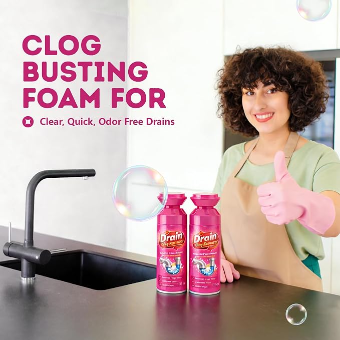 Foaming Drain Cleaner, Drain Clog Remover, Sink Hair Cleaner and Deodorizer, Pipe-Safe Foam Cleaner for Kitchen Sinks Bathroom Drains Showers Tubs, Fast Odor Control, Easy Foam Care (2Pcs)