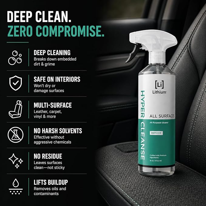 Lithium Hyper Cleanse Car Interior Cleaner - Car Cleaner Interior for Leather, Plastic, Carpet, Vinyl, and Tesla Vegan Leather - Solvent Free Interior Car Cleaner - Car Cleaning Spray (16 Oz)