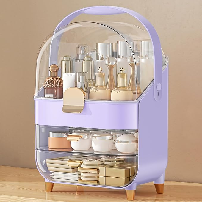 Makeup Organizer Countertop, Skincare Holder Bathroom Counter Organizer, Storage Box Cosmetic Display Cases, Teen Girl Gifts Make up Organizers for Vanity, Dresser (Purple)