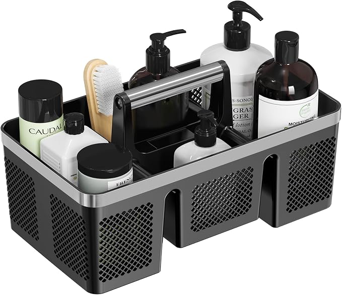 BYUNER Plastic Shower Caddy Dorm: Portable Cleaning & Shower Caddy with Handle, 4 Divided Compartments, All-Side Drainage, Rigid Plastic Basket Tote for College Dorm & Bathroom Use