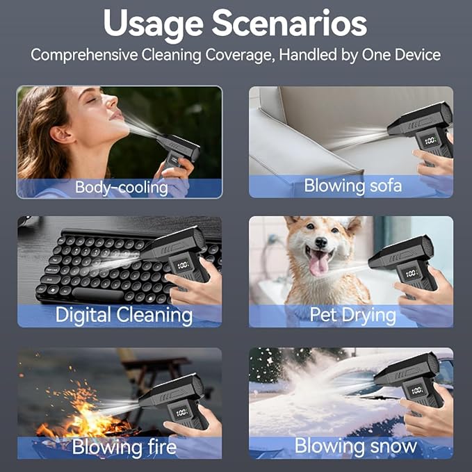 Compressed Air Duster,100000RPM Electric Air Duster with LED Display & 6 Speeds,280g Blowing Force Cordless Air Blower for Computer, Keyboard & Car, Multi-Nozzle Rechargeable Dust Remover (Black)