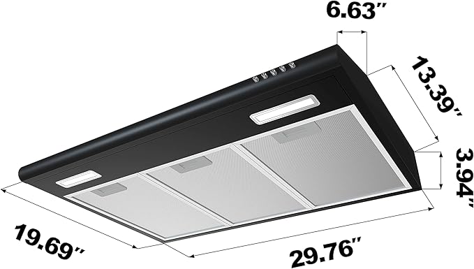 CIARRA AWB75918B Black Range Hood 30 inch Under Cabinet with Anti-Fingerprint Design, Slim Vent Hood with Push Button Control, Ducted and Ductless Convertible