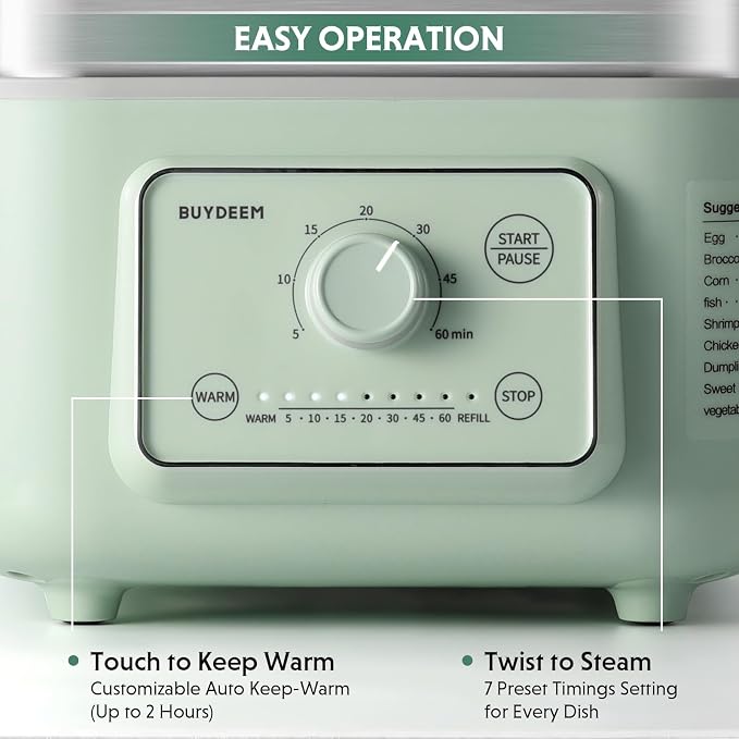 BUYDEEM G52 10.6 Quart 2-Tier Electric Food Steamer for 1-4 Servings, Vegetable Steamer for Cooking, 2-hour Keep Warm, 7 Preset Timings, Dual Boil-Dry Protection, Stainless Steel, Cozy Greenish