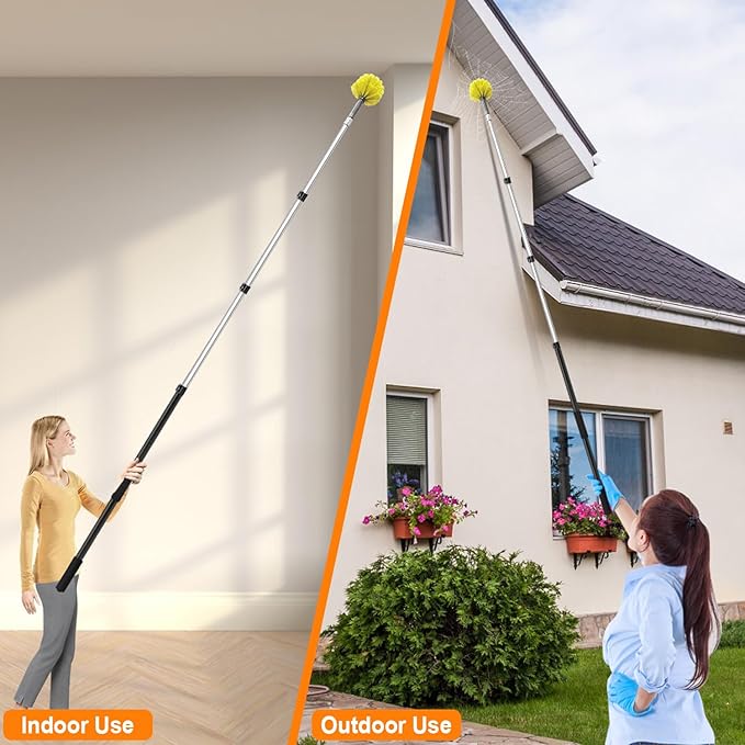 ARTIPOLY 4-12ft Cobweb Duster with Extension Pole, 20 Foot High Reach Feather Dusters with Bristles for Cleaning Outdoor Indoor, 4-Stage Spider Web Remover with Telescopic Pole for Ceiling Wall Yellow