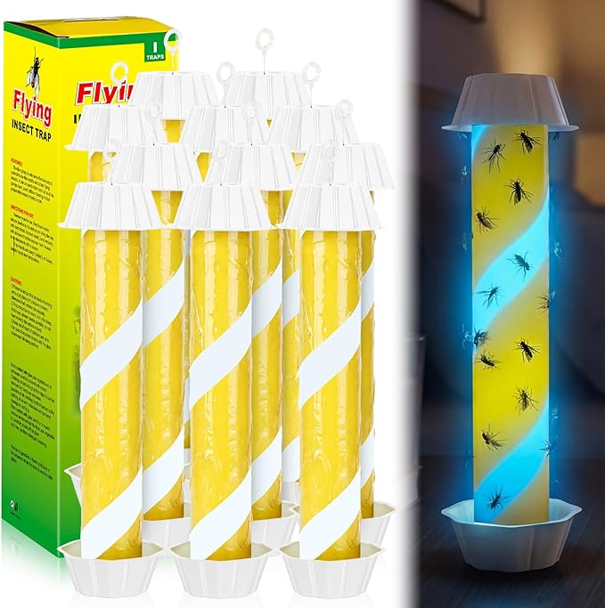 12 Pack Glow in the Dark Fly Sticks Outdoor & Indoor Sticky Fly Traps with Blue Fluorescent Night Attraction Light-Absorbing UV for Mosquitoes Flies Waterproof Hanging Catcher (White)