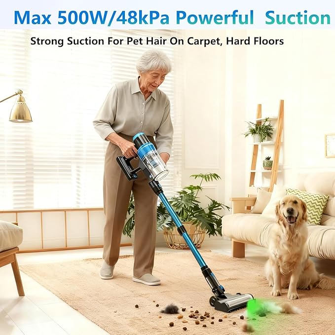 Cordless Stick Vacuum Cleaner: 400W & 48kPa Suction with 65Min Runtime, Self-Standing with Green Light & Anti-Tangle Brush, Rechargeable Lightweight Vacuum for Home Pet Hair on Carpet and Hard Floors
