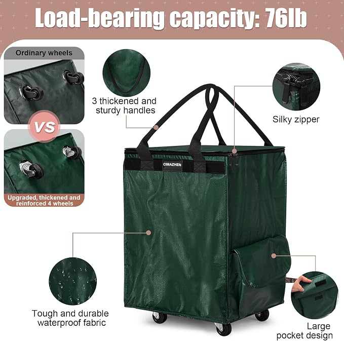 (Medium,Green) Reusable Grocery Bag on 4 Wheels, 70L Foldable Rolling Tote Bag with 3 Handles and Zipper, Rolling Shopping Cart for Groceries, Storage, Laundry, Travel, Organizer, 76lb
