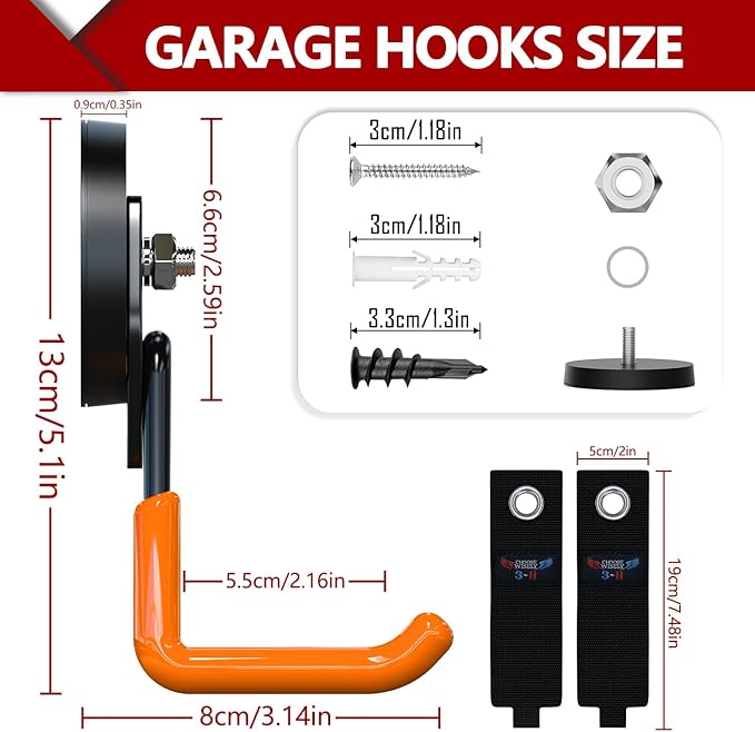3-H Extra Strong Magnetic Hooks,Heavy Duty Large Anti-Slip Magnet Hooks,No-Drill Tool Holder for Garage,Power Drill,Garden Tools,Hose Storage,4 Pack Orange