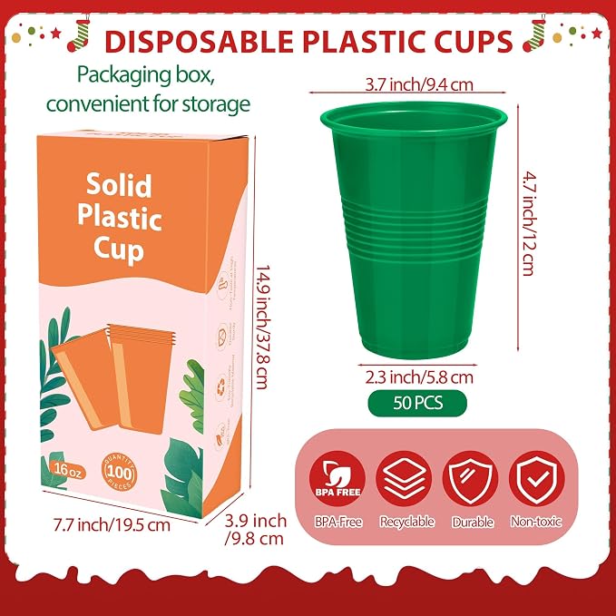 Kochorie 100 Pack Disposable Plastic Cups 16 Oz Solid Color Drinking Cups Party Supplies Strong and Sturdy Drinkware Cup For Birthday, Wedding, Christmas, Halloween & Daily Use, Green