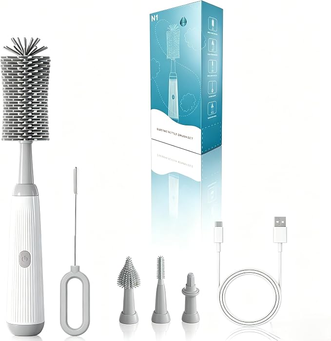 Electric Bottle Brush Set, 6-in-1 Electric Cleaning Brush with Waterproof Silicone Cleaner, 3 Replaceable Brush Heads, Straw Brush & Extension Rod, for Baby Feeding Supplies and Kitchen Utensils