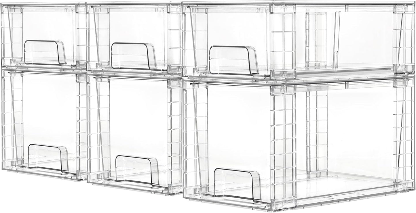 Vtopmart 6 Pack Clear Stackable Storage Drawers,Easy to Assemble Bathroom Organizers and Storage with handles,Plastic Drawers for Kitchen Pantry,Cabinet,Under Sink Organization
