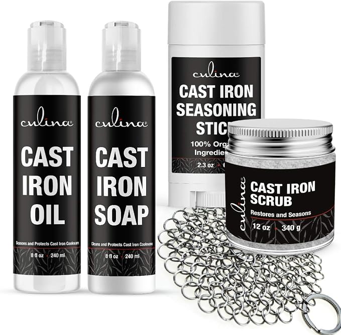 Culina Cast Iron Seasoning Stick & Soap & Oil Conditioner & Restoring Scrub & Stainless Scrubber | All Natural Ingredients | Best for Cleaning, Non-stick Cooking & Restoring | Cast Iron Cookware