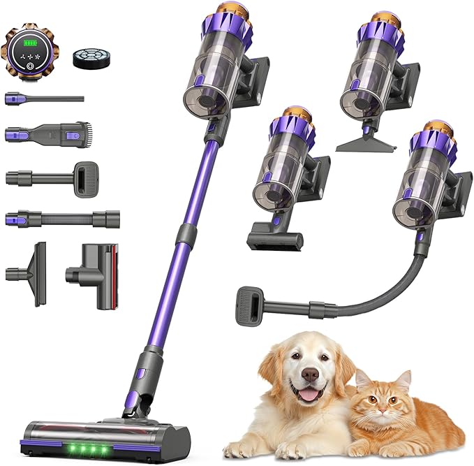 Cordless Vacuum Cleaner 1.8L Dustbin, 600W 55kPa 70Mins Stick Vacuum Cleaners for Home with Pet Brush, Self-Standing and Touch Screen, Vacuum Cordless for Pet Hair/Hardwood/Carpet/Car