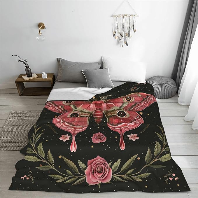 Moth Moon Rose Blanket Witchy Vintage Butterfly Decor Throw Blanket Comfy Plush Flannel Fleece Warm Soft Fluffy Fuzzy Blanket Gothic Gifts for Girls Boys Women Teens for Room Bed Sofa Couch 60"X80"