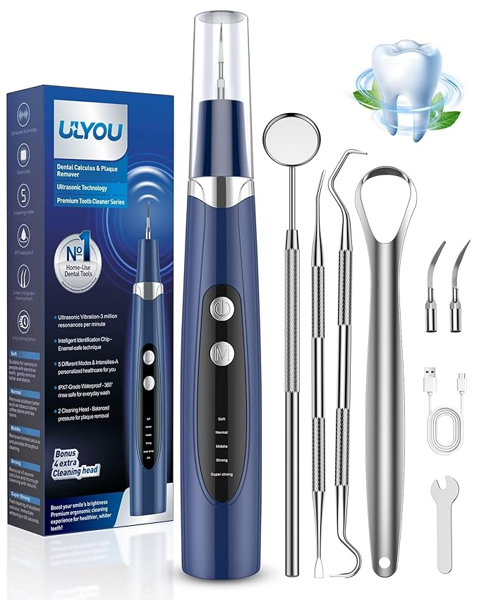 Plaque Remover for Teeth - Tartar Remover for Teeth with LED Light & 5 Modes, Rechargeable Hard Plaque Remover with 2 Replaceable Heads, Ultrasonic Teeth Cleaner Kit for Home Use