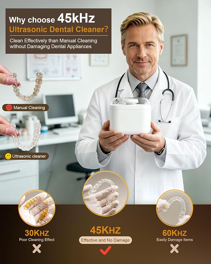 Ultrasonic Denture & Retainer Cleaner-45kHz Ultrasonic Cleaning Machine with UV Light 350ml 304 SUS Tank for Deep Cleaning Dentures Aligners Invisalign Mouth Guards Night Guards Braces & Jewelry
