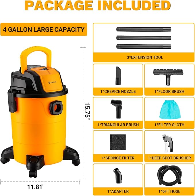DEKOPRO Shop Vacuum Wet and Dry:4-Gallon 3 Peak HP Portable Shop Vac, Car Vacuum with 6Ft Hose, 10 Ft Cord, Wet Dry Vacuum Cleaner with Filter and Brush Accessories for Homes, Pets, and Cars
